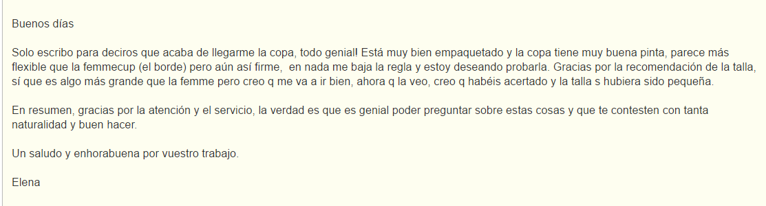 Opiniones de Copas Menstruales por Email